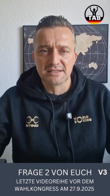 📺 Letzte Videoreihe zum Wahlkampf

Heute schließen wir unsere Videoreihe mit den letzten Antworten auf eure Fragen aus der Community ab. Ab morgen berichten wir dann nur noch direkt aus Pleinfeld und natürlich live vom Wahlkongress.

🙏 Ein großes Dankeschön an alle Unterstützer in diesem Wahlkampf. Für eure Ideen, eure Meinungen, eure Kritik und vor allem für eure ehrliche Leidenschaft für den Amateurboxsport.

Ich freue mich, am Samstag endlich beim Kongress zu sein. Die Delegierten und Landespräsidenten zu treffen und zu erleben, wie wir gemeinsam die Zukunft unseres Sports gestalten können.

Besonders danke ich allen Vereinen, Trainern und Engagierten, die mir geschrieben haben. Euer Input ist unbezahlbar. Ihr seid das Herzstück unseres Sports, die Basis.

🥊 Jetzt heißt es: Blick nach vorn. Für unseren Boxsport, für unsere Gemeinschaft, für die Zukunft.

#TeamAmateurboxen #DBV #Wahlkongress #Amateurboxen